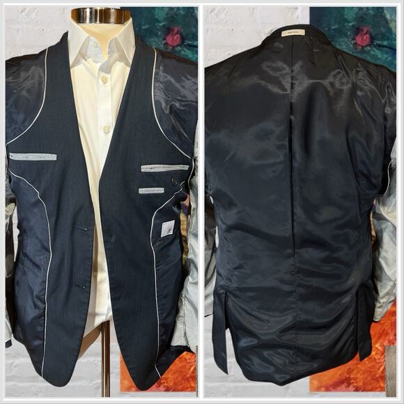 JF Ferrar Mens 38R Slim Fit Navy Blue Micro-Stripe Casual Blazer Sport Jacket - Picture 6 of 14